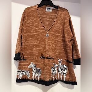 Storybook Knits "Zebra Sunset” Tan/Black/White Cardigan Sweater Size 1X